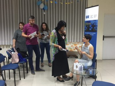 Ukrainian writer Sofia Andrukhovych (seated right) at the presentation of “The Key in the Pocket” at the Ukrainian Cultural Center in Bat Yam (Tel Aviv).