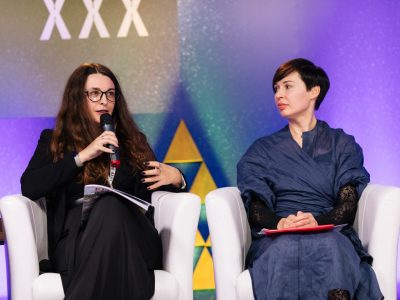 Left to right: Olha Mukha, curator of congresses, committees and new centers of PEN International, head of jury "Encounter" prize; Ukrainian writer Sofia Andrukhovych, whose novel "Amadoka" won the 2023 prize.