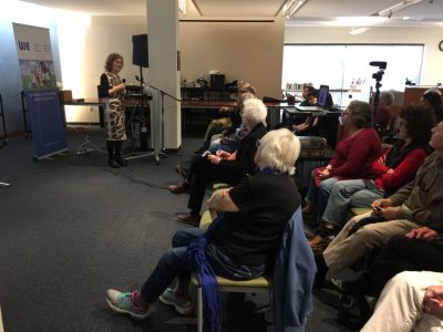 Alti Rodal giving the presentation of “Hasidism on Ukrainian Lands: Social Aspects and Teachings”, Jewish Community Library, San Francisco, November 19, 2017.