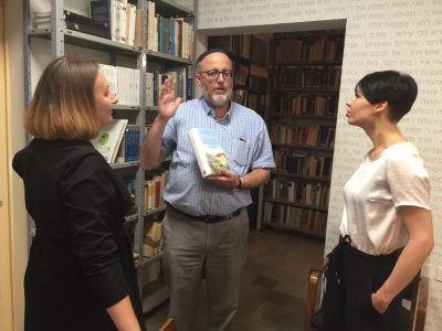 Mariana Maksymiak, Director of the Agnon Literary Center (left); Rabbi Jeffrey Saks, Research Director at the Agnon House (middle); and Ukrainian writer Sofia Andrukhovych (right) in the home of Buchach-born, Nobel-prize winning writer S.Y. Agnon.
