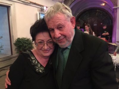 Oleksandra Koval, president of the Lviv Book Forum, and Victor Radutsky, at a reception in the city’s famed Italian Square.