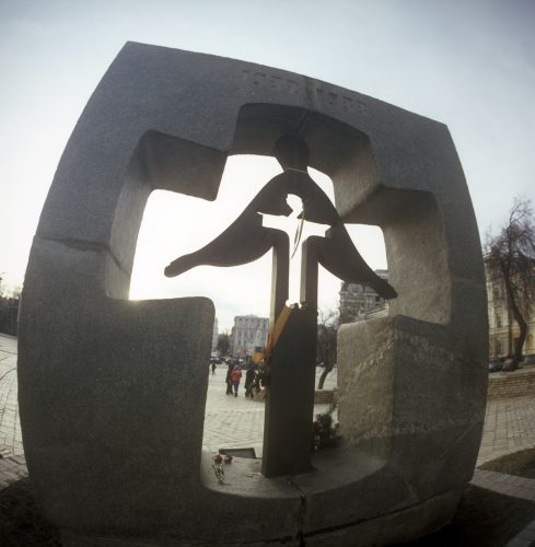 "For the millions of Ukrainians - victims of the famine-genocide of 1932-33" monument (autors - V. Peresvalsky and M Kysly). Mykhailyvska square, Kyiv, Ukraine. .Seven million ukrainians were starved to death in the breadbasket of Europe..At the same time the Soviet regime was dumping 1.7 million tons of grain on Western markets..The famine was engineered by the Soviet regime..It was an act of genocide designed to undermine the social basis of Ukrainian national resistance..At the height of the Famine, Ukrainian villagers were dying at the rate of