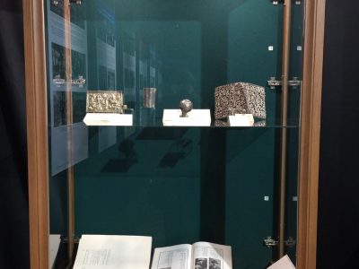 Artifacts from the exhibition “A Journey Through the Ukrainian-Jewish Encounter: From Antiquity to 1939”, including Yizkor (memorial) books for towns in the Lviv oblast.