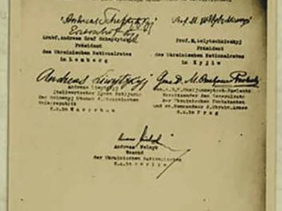 Last page of a letter written by Ukrainian politicians and civic figures to Hitler (dated 14 January 1942). The signature is allegedly Metropolitan Sheptytsky's. 