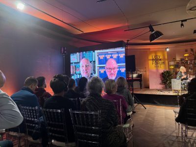 Left to right: Yaroslav Trofimov, Chief Foreign Affairs Correspondent of The Wall Street Journal and Adrian Karatnycky of the Ukrainian Jewish Encounter and the Atlantic Council. Charlotte Higgins, chief culture writer for The Guardian is in the background.