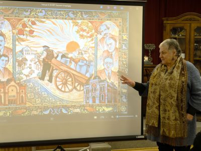 Iryna Klymova, director of the Sholem Aleichem Museum and head of the professional international jury of the UJE Student Drawing Competition. Sholem Aleichem Museum. 8 February 2025, Kyiv.