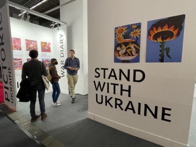 Ukrainian illustrators display war posters by numerous artists.
