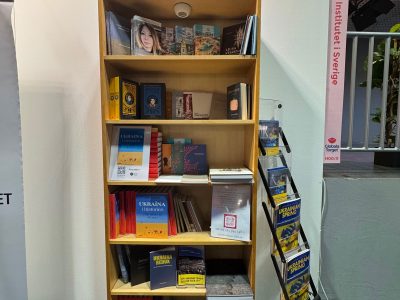 Display of Ukrainian books translated into Swedish at the Ukrainian Institute in Sweden’s booth at the Gothenburg Book Fair.