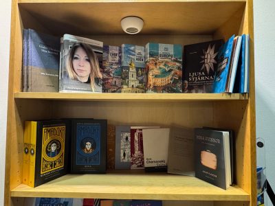Display of Ukrainian books translated into Swedish at the Ukrainian Institute in Sweden’s booth at the Gothenburg Book Fair.