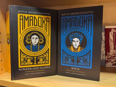 Display of Ukrainian books translated into Swedish at the Ukrainian Institute in Sweden’s booth at the Gothenburg Book Fair.