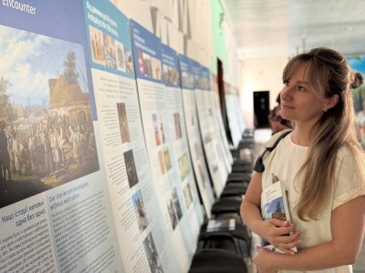 Visitors at the opening of the exhibition "A Journey Through the Ukrainian-Jewish Encounter: From Antiquity to 1939" in Smila. Smila Cultural Center, 13 July 2025.