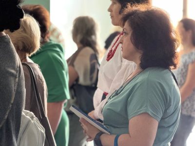 Visitors at the opening of the exhibition "A Journey Through the Ukrainian-Jewish Encounter: From Antiquity to 1939" in Smila. Smila Cultural Center, 13 July 2025.