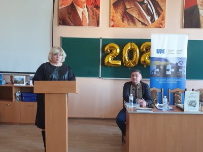 Zinaida Sviashchenko, Doctor of Historical Sciences and dean of the History Department at Pavlo Tychyna Uman State Pedagogical University, welcomes guests attending the public discussion "Ukraine: Outpost of Freedom in the World; The Potential for Cooperation with International Cultural and Educational Organizations," Uman, 14 March 2023. 
