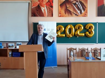Ihor Kryvosheia, professor in the Department of World History at Pavlo Tychyna Uman State Pedagogical University, speaking during the public discussion "Ukraine: Outpost of Freedom in the World; The Potential for Cooperation with International Cultural and Educational Organizations," Uman, 14 March 2023. 