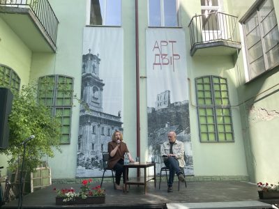 Left to right: Mariana Maksymiak, Director of the Agnon Literary Center in Buchach, Ukraine, and Ukrainian writer Vasyl Makhno. Discussion and literary reading at Art-Dvir, 24 May 2026.