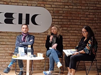 Left to right: Vitaliy Portnikov, publicist, political analyst, and writer; Oksana Forostyna, author and publisher; Natalia A. Feduschak, curator of the project "War is.."