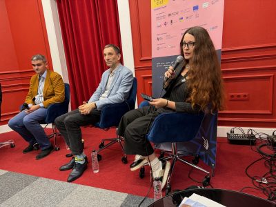 Left to right: Yehor Vradii, Deputy Director of the Tkuma Ukrainian Institute of Holocaust Studies; Vitaliy Portnikov, journalist and writer; moderator Olha Mukha, author, philosopher, cultural analyst, cultural manager.